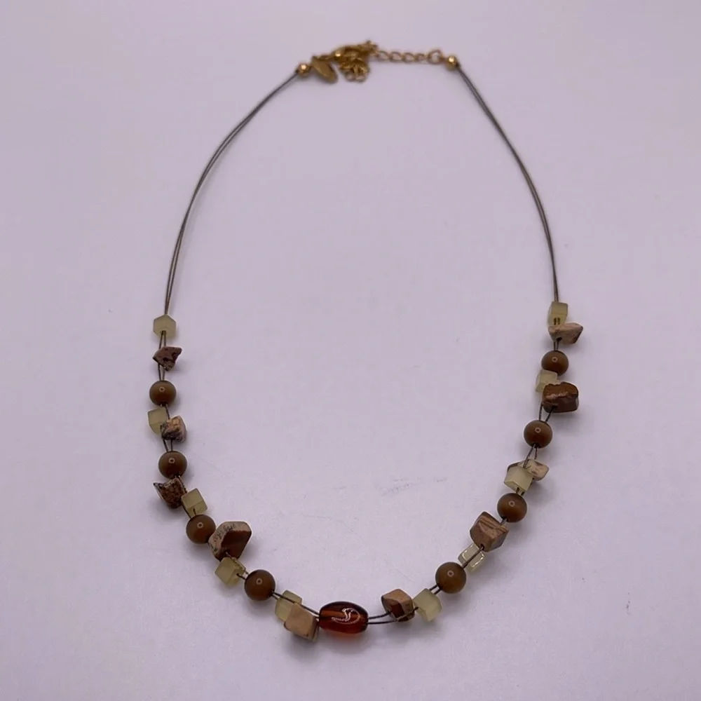 Lia Sophia NIB Jasper & Cats Eye Beaded Gold Tone Wire Necklace - Picture 2 of 7